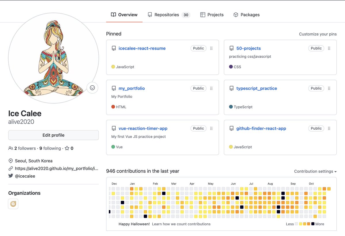 allabout_ice's tweet photo. Happy Halloween 🎃🎃🎃 ! 
with GitHub contributions panel 😍

#happyhalloween #githubpanel #100DaysOfCode #womenintech #CodeNewbies #codenewbie #codinggirl https://t.co/fYnRQ3Sj9G