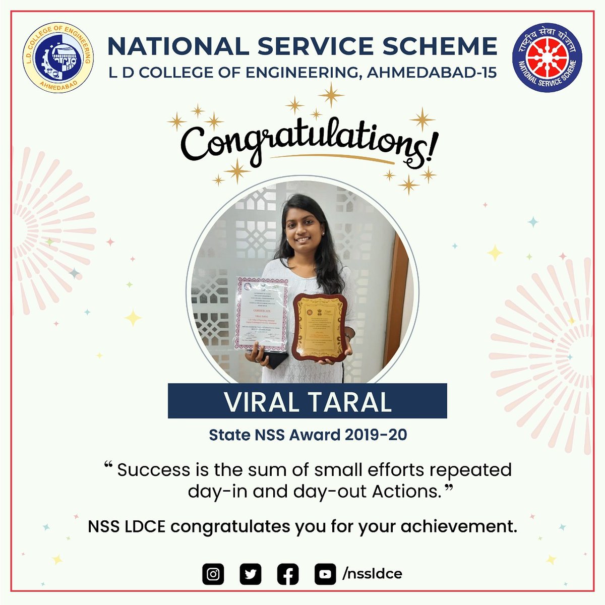NssLdce's tweet photo. She is being the change she wants to see in the world🌻
Congratulations Viral for acheiving this milestone✨
#nssldce #nssindia https://t.co/Bv3bpJDjAW
