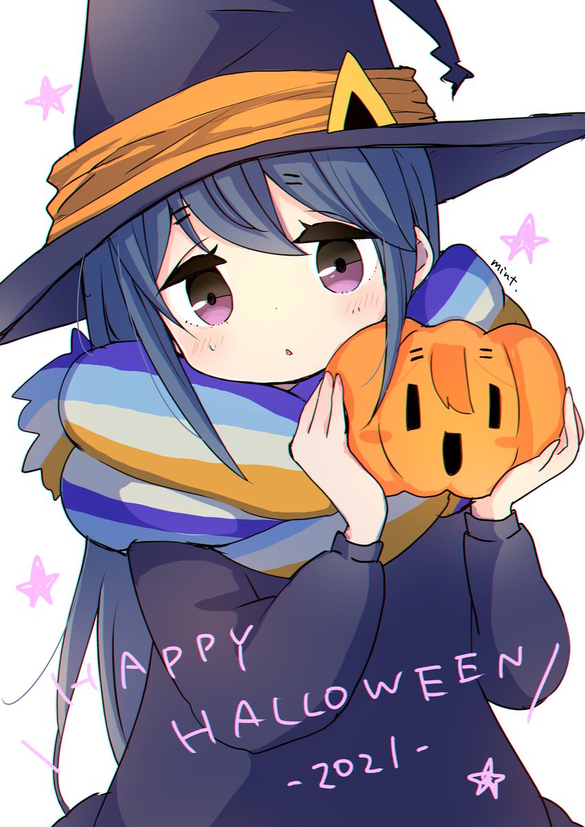 shima rin hat 1girl blue hair witch hat scarf halloween purple eyes  illustration images