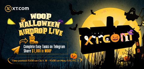 XTexchange's tweet photo. 🎃WOOP @WoonklyEN Halloween Airdrop Coming soon 🎃

 ⏰ Time: 15:00 on Oct 31 - 15:00 on Nov 5 (UTC）

💰 Complete Telegram Tasks! Share $1,000 WOOP Rewards Pool! 

Interact with 👉 @xt_airdrops_bot 👈  on Telegram  ! 

🧛‍♀️Stay tuned for more airdrops 🧛‍♀️

https://t.co/uhlaC0ICHI https://t.co/jY9mwsX2xG