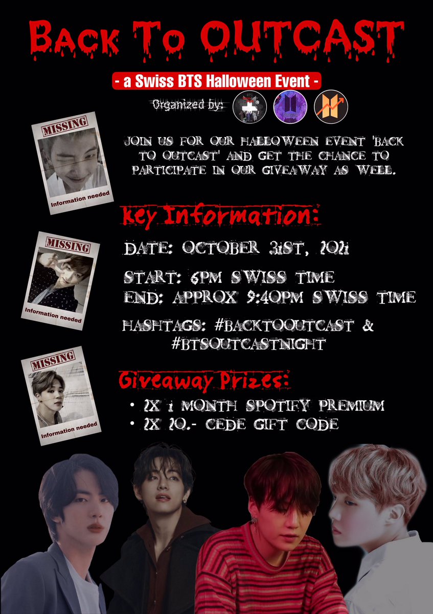 BTSSwitzerland's tweet photo. 👻:🇨🇭ARMYs, nicht vergessen Heute Abend um 🇨🇭18:00🕕 beginnt unser #BackToOutcast Halloween Event

👻: Seit pünktlich, damit wir gemeinsam mit euch, 🧙‍♀️(@bts_swiss_army) &amp;🧟‍♀️(@BTSCharts_CH ) den #BTSOutcastNight erleben können.

👻:Unten findet ihr nochmal das Poster👇🏻 https://t.co/xTi8etdEAZ