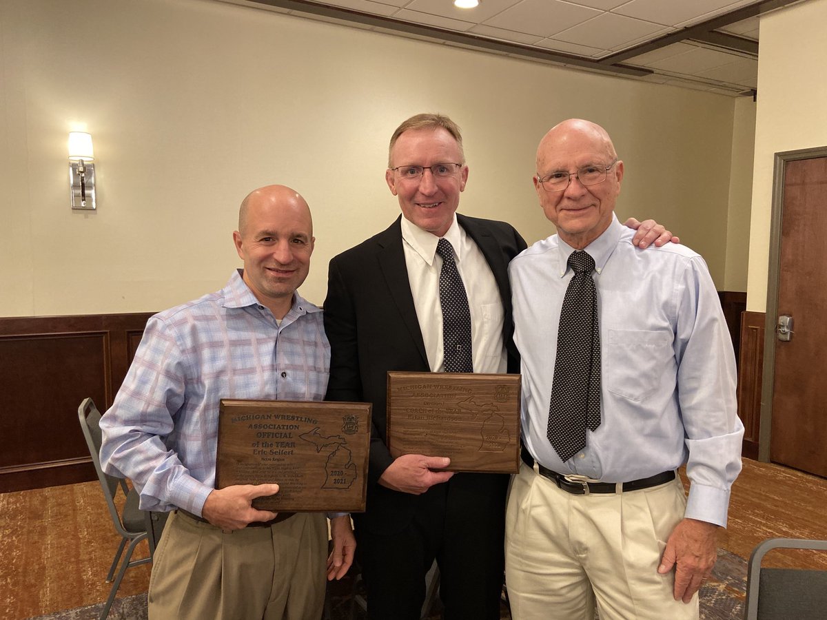 Congratulations to former Lakeshore Wrestlers Eric Seifert , Michigan Wrestling Official Of The Year , and Brian Richardson , Division 1 Coach Of The Year.