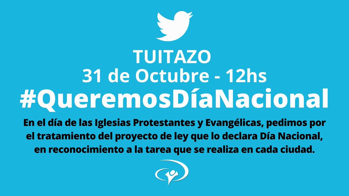 ⚠️ TUITAZO CRISTIANO⚠️
Pedimos por el tratamiento del proyecto de ley de Creación del "Día Nacional de las Iglesias Protestantes y Evangélicas".
 #QueremosDíaNacional ✝️
Posteá fotos o videos de la tarea social que realiza tu iglesia. #DiaDeLaIglesiaEvangélica
