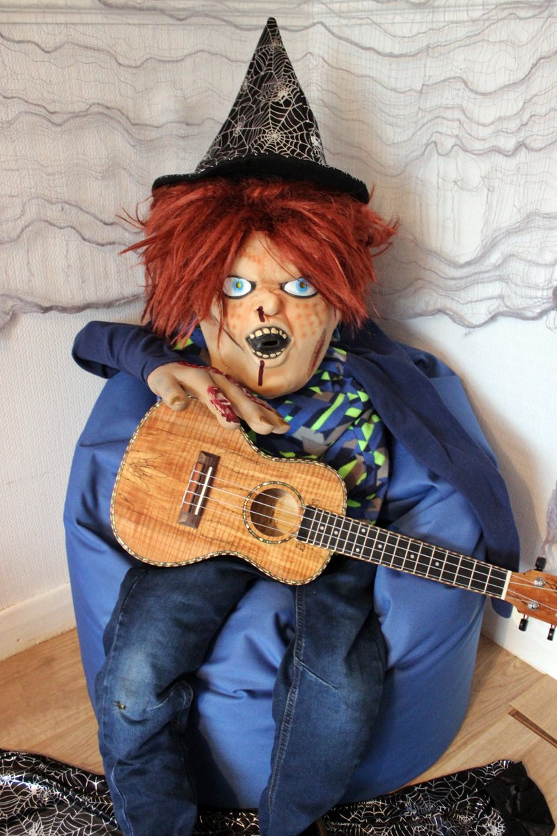 FreshmanUkulele's tweet photo. Heeeeeeeeeeeeer's Chucky....and he's after the ukes ! #freshmanukuleles #halloween #spooky #chucky https://t.co/IHzTpQJTMa
