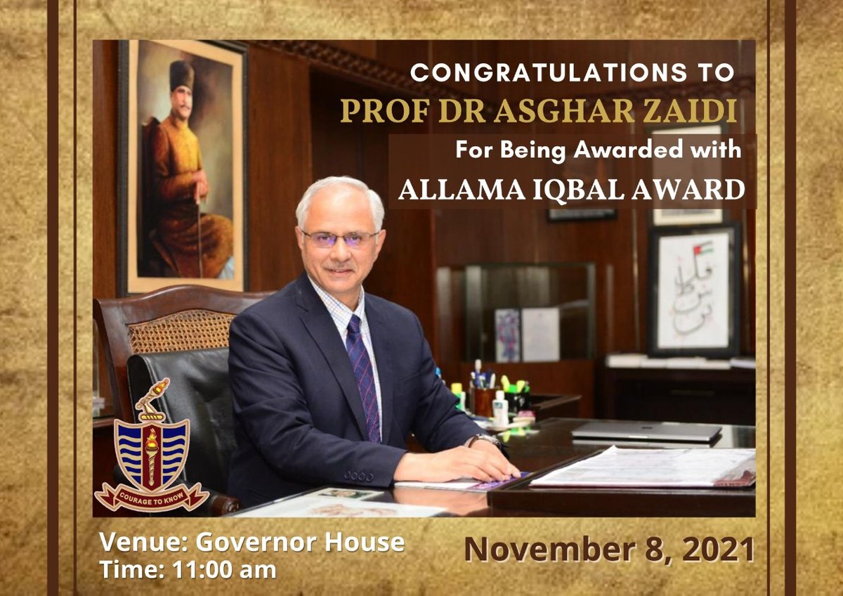 Congratulations to Honorable Vice Chancellor Prof. Dr Asghar Zaidi for being awarded with ALLAMA IQBAL AWARD. <a href="/zaidia/">Prof Dr Asghar Zaidi</a>