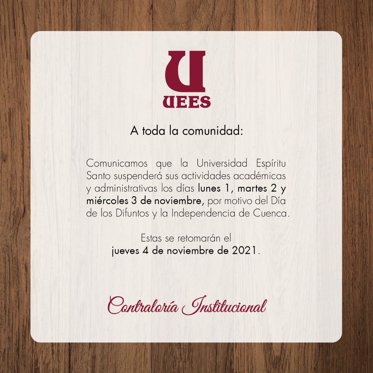 uees_ec's tweet photo. #UEESInforma
Las actividades académicas y administrativas quedan suspendidas el 1, 2 y 3 de noviembre por motivo del #DíaDeLosDifuntos y la #IndependenciaDeCuenca.
Estas se retomarán con normalidad el jueves 4 de noviembre. https://t.co/GTb8V5zyfl