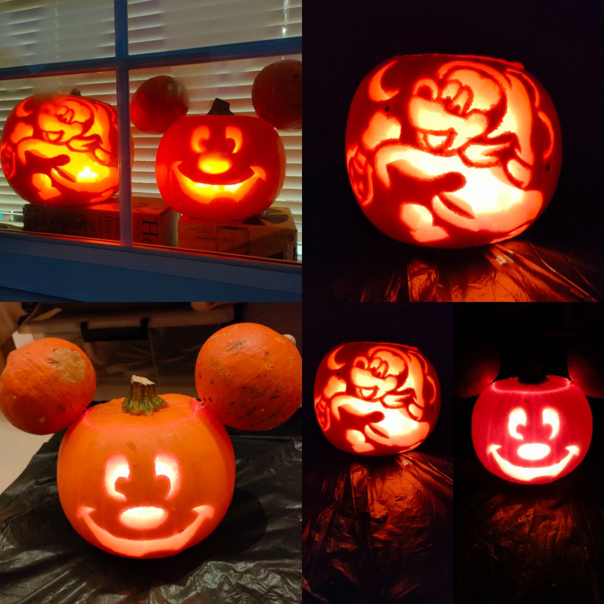 MissTashaEloise's tweet photo. This year's pumpkins! I never use stencils or templates for my designs, I always draw them on freehand, so I'm pretty impressed with myself when the designs look how they're suppose to! 🎃 #pumpkincarving #halloween #disney #mickeymouse #drawnfreehand #ghostmickey #mickeypumpkin https://t.co/2dMB5h16zV