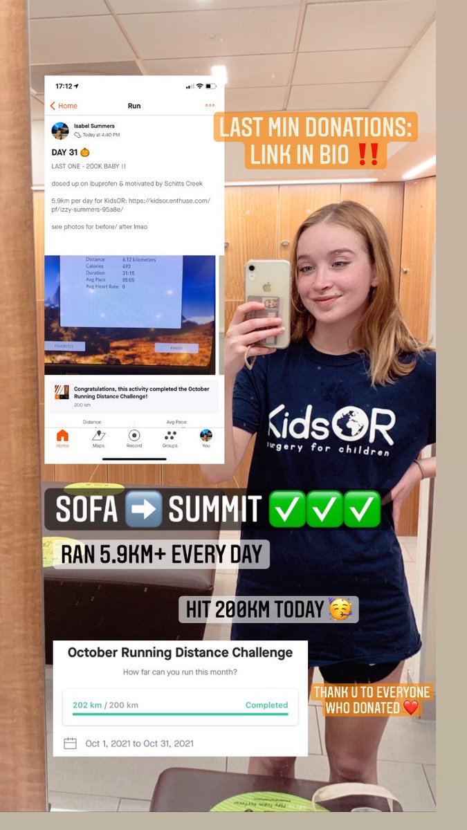 IsabelSummers_'s tweet photo. Hey #MedTwitter !! The @EdSurgSoc team and I have been raising money for @KidsOperating !

 I have been running 5.9km+ EVERY DAY over October - today I hit 200km !! 🎃 feeling v proud

Would hugely appreciate any retweets/ donations for this fab charity: https://t.co/a65XNtUheX https://t.co/YvRf6d9Ta0