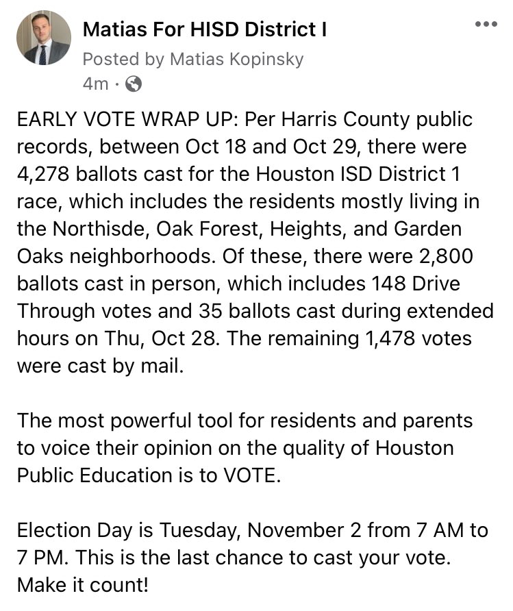 The most powerful tool for residents and parents to voice their opinion on the quality of Houston Public Education is to VOTE. 

Election Day is Tuesday, Nov 2 from 7 AM to 7 PM. This is the last chance to cast your vote. Make it count!

#OakForest #GardenOaks #Northside #Heights