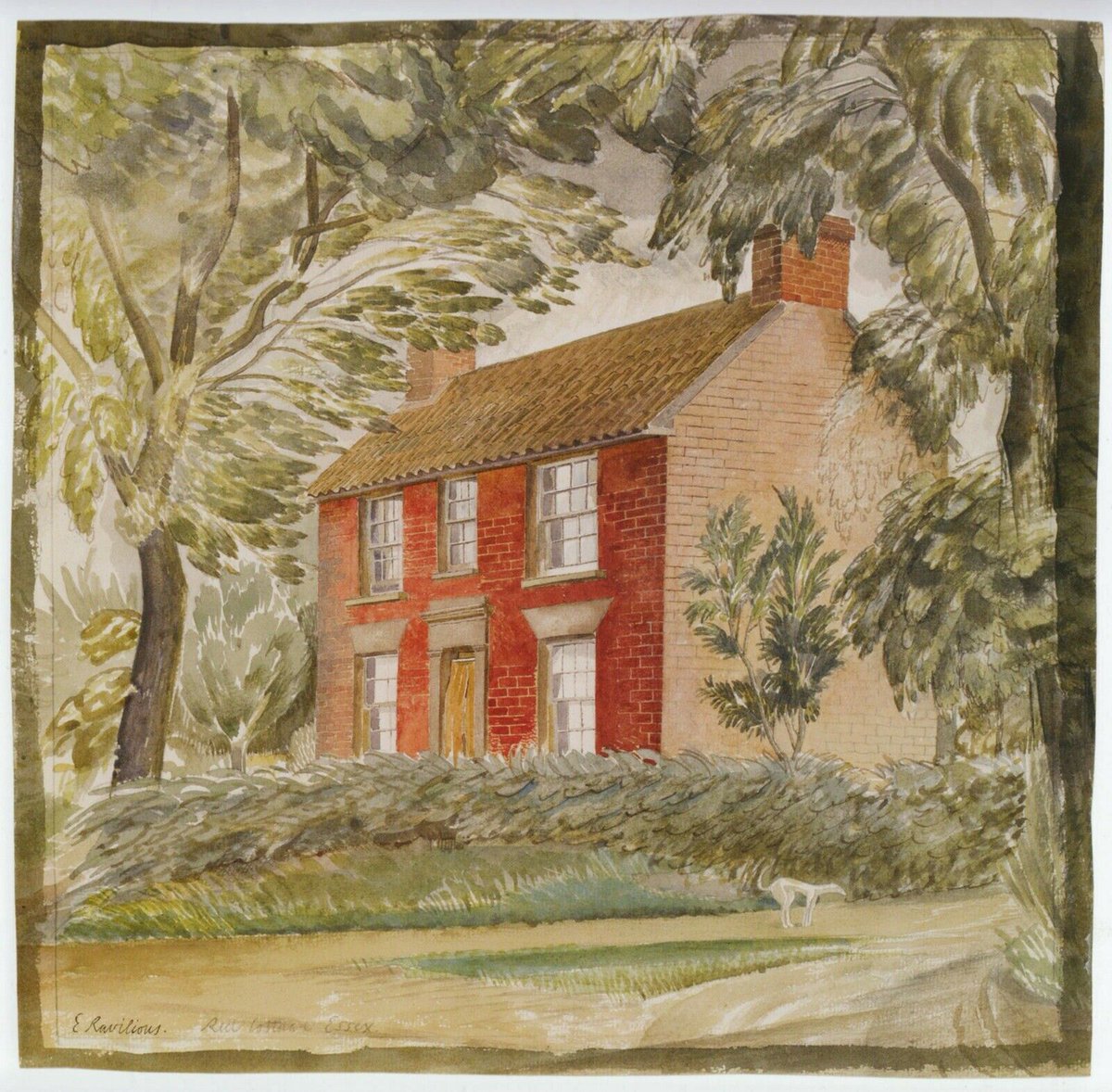 Ravilious1942's tweet photo. Red Cottage, Eric Ravilious, 1927. This depicts a house at Braintree in #Essex, whilst he was staying with fellow artist Edward Bawden. The original artwork is in the collection of @britishmuseum. https://t.co/1g2tRbycWV