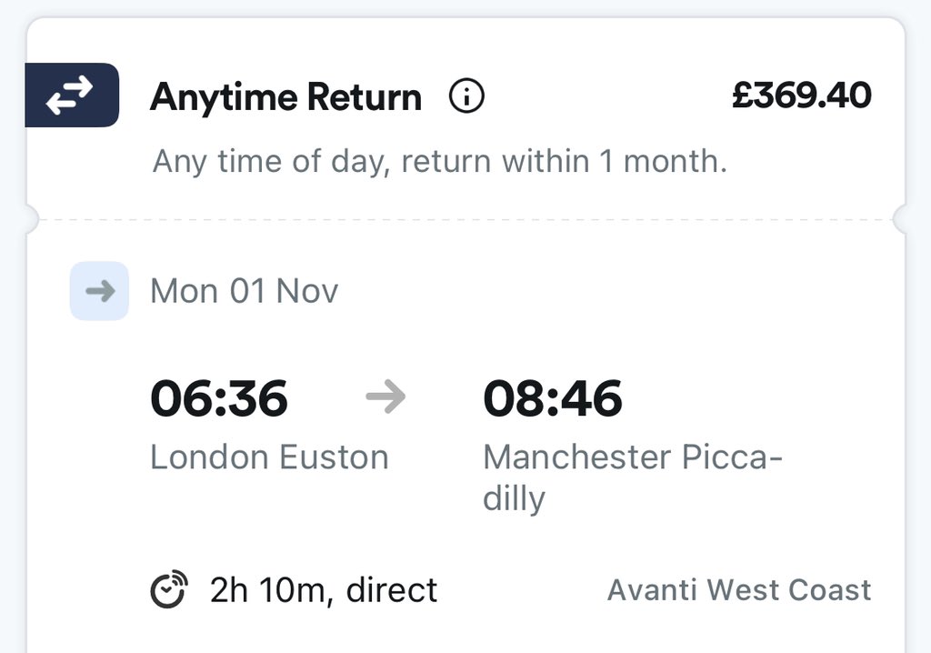 henrymoeranBBC's tweet photo. Looking at trains between London and Manchester tomorrow.

An anytime return costs £369.40.

For £24.60 more you can fly return to New York. https://t.co/YJSzkkyAkm