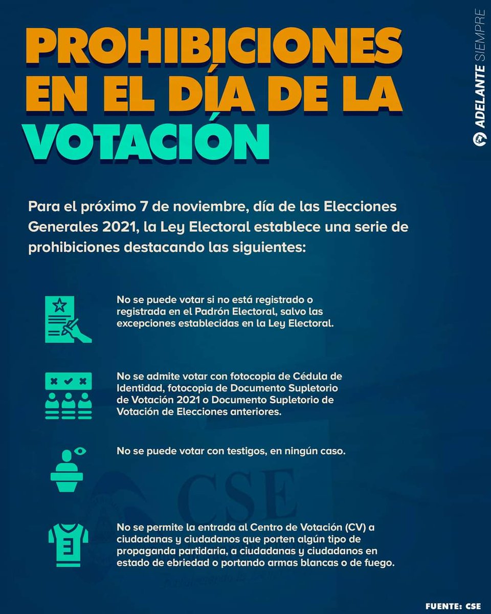 👉 #ATENCIÓN. 
Prohibiciones que Establece la (Ley Electoral) este #7denoviembre. 2021
Elecciones generales en #NICARAGUA. 
#Vacunandonospuebloquevence