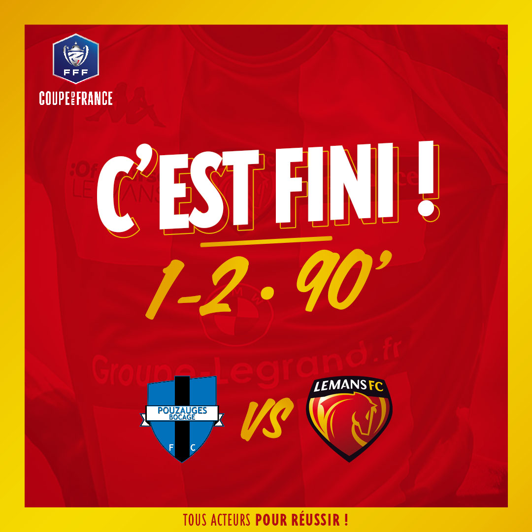 LEMANSFC's tweet photo. #PBFCLMFC 1⃣-2⃣
⏱ 90' | C'est fini à Pouzauges ! Les Manceaux, sérieux malgré la réduction de l'écart vendéenne à la 90', se qualifient pour le 7e tour de la Coupe de France (2-1). Glaentzlin s'est offert un doublé (39', 45').
#AllezLEMANSFC 🔴🟡 https://t.co/2OvhfVVe6W
