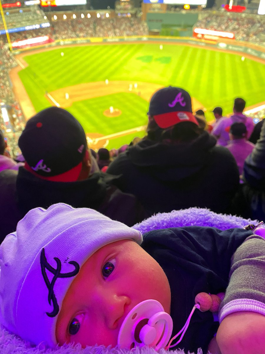 Kelsey618's tweet photo. 2m old, already at a World Series game…the epitome of @Braves fan from birth ❤️ one more win! #LetsGoBraves https://t.co/y56Kus5tQM