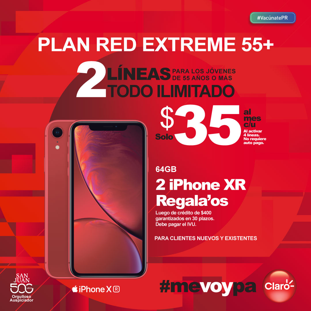 clarotodo's tweet photo. Cliente de Liberty y T-Mobile 55 años o más, #ventepa'Claro con el Plan Red Extreme 55+, 2 líneas Todo Ilimitado por solo $35 al mes cada una. Además, ¡2 iPhone XR 64GB regala'os! Entra a https://t.co/IUk9VzOU1M, ☎️ 1-833-MICLARO o 📍visítanos. Válido hasta 3/nov/2021. https://t.co/CsbFVOI9ny