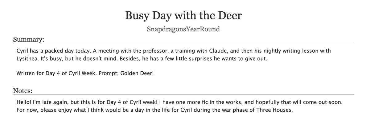 SnapdragonsR's tweet photo. My second fic for #CyrilWeek2021 is here! I finally have time to catch up, and I really wanted to do something with the Golden Deer prompt. So if you wanna know how I think Cyril would spend his war days with the Deer, here's the fic. I hope you all enjoy it!
#CyrilWeek #FE3H https://t.co/ZYaBA6JXxx