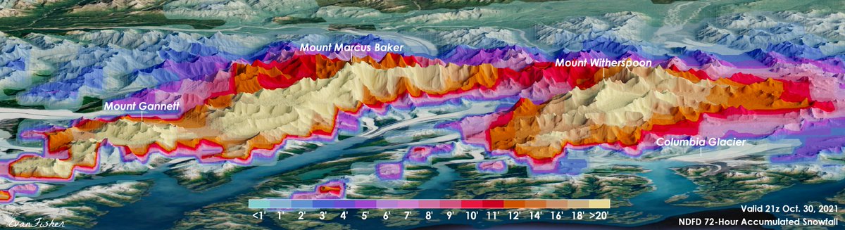 EFisherWX's tweet photo. Ladies and gentlemen, may I present one of the greatest snow forecasts of all time. The Chugach Mountains in Alaska are being slammed with feet upon feet of snow, with a local maximum of 344" (28.7') over a 72-hour period #AKwx 1/3 https://t.co/2AzghJwPCg