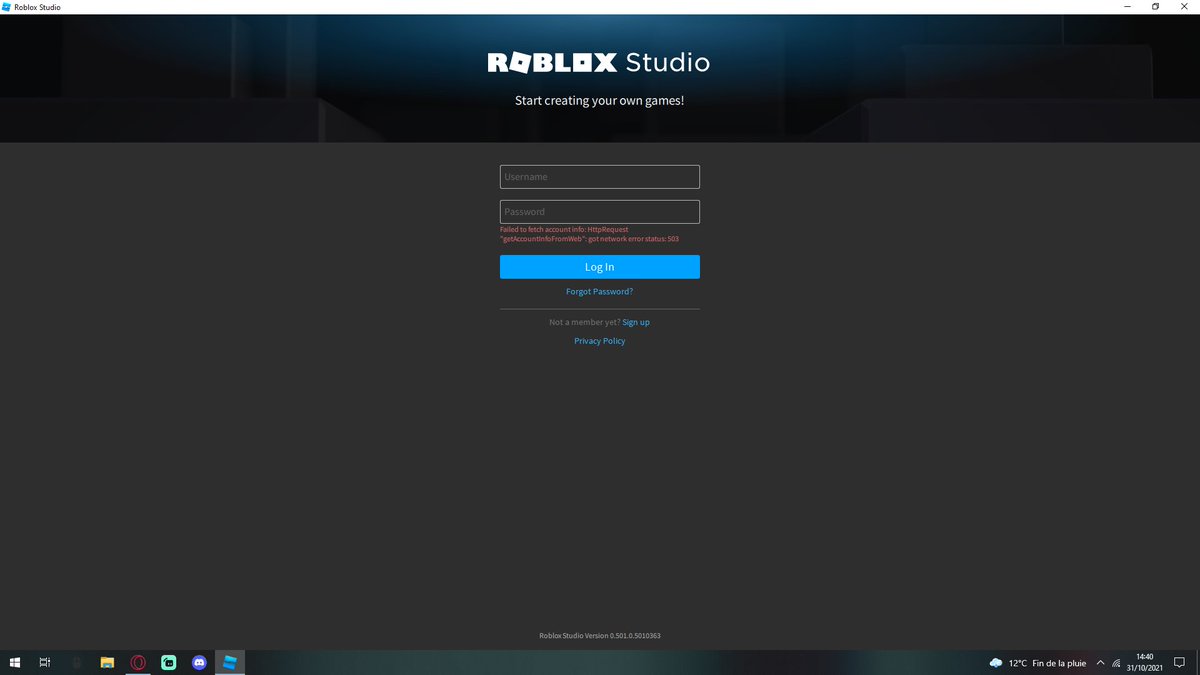 RoTalksNews's tweet photo. An improvement on the side of roblox which could make its return today, roblox studio turn on now it no longer displays an error when launching it however it displays an error on the connection menu.

Our discord : https://t.co/VbuyxsYyDh
#Roblox #RobloxDown #robloxisdown #roblox https://t.co/jSo6avc9gY