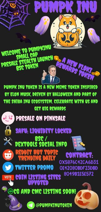 0xCyberbeggar's tweet photo. Quick degen play for halloween @PumpkInuToken rewards token on #BSC

Good vibes, active chat &amp; VC, will defo grab a small bag at launch 💰

30 BNB presale filled quickly✅

About to stealth launch, check em' out👇

🌐Web https://t.co/B1k497jPyy
💬Tg https://t.co/YALUnGF0OF https://t.co/YZO3VZK92J