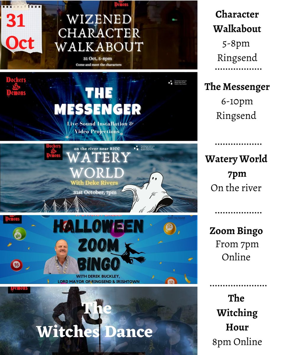 DockersDemons's tweet photo. HAPPY HALLOWEEN!  🎃👿👹👺
Here's what's on today 31st Oct,2021
• We will also be announcing competition winners
Whats On: https://t.co/ABMHSn2Ur6
#dockersanddemons #whatson #halloweendublin #ringsendirishtown @DubCityCouncil @RingsendForum @RICCdub https://t.co/1FSfrcm6GC