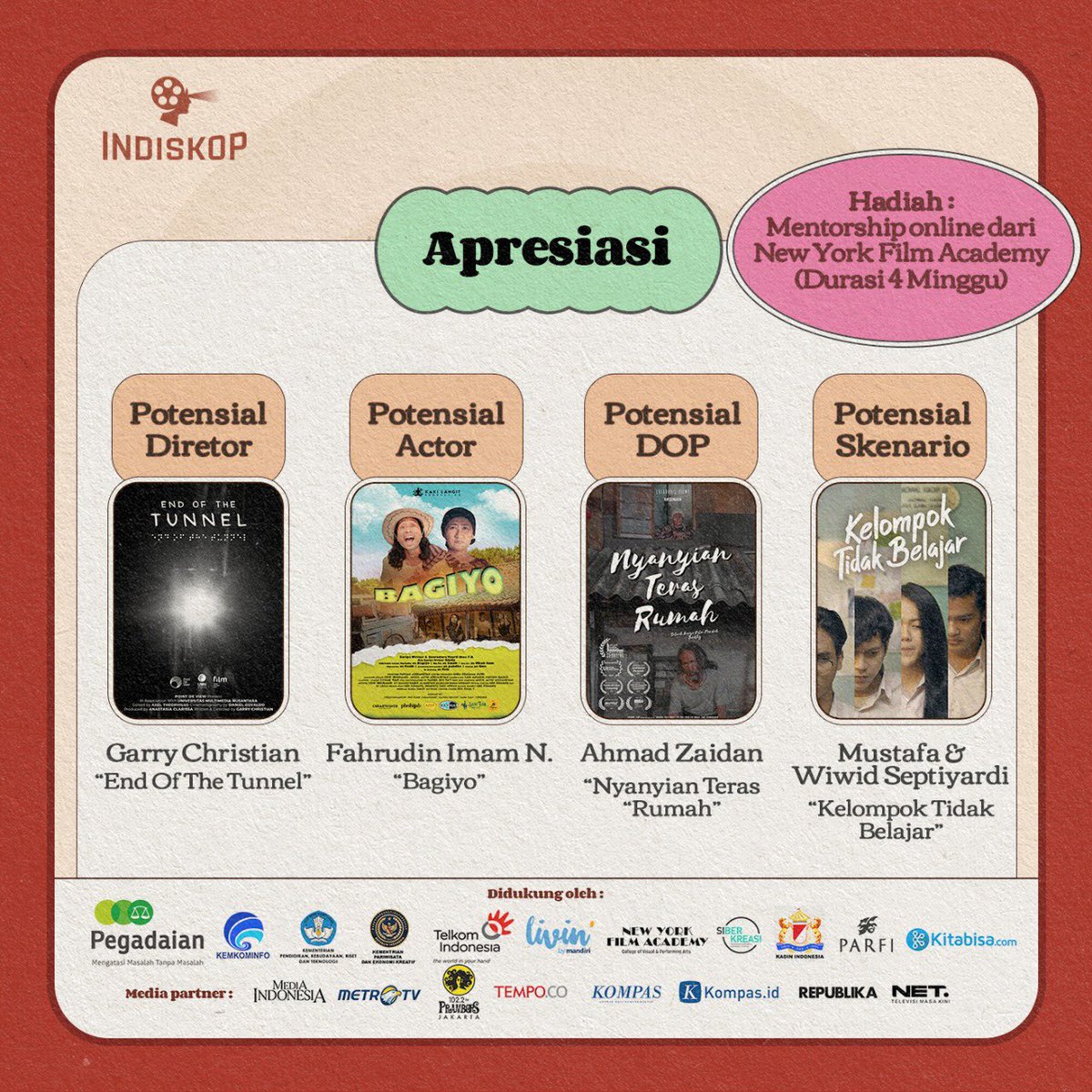 Indiskop_'s tweet photo. Selamat kepada seluruh pemenang Indiskop Festival 2021! Terima kasih sudah berkontribusi dan memberikan karya-karya yang luar biasa. Terus berkarya dan majukan perfilman Indonesia. https://t.co/zO6095642C