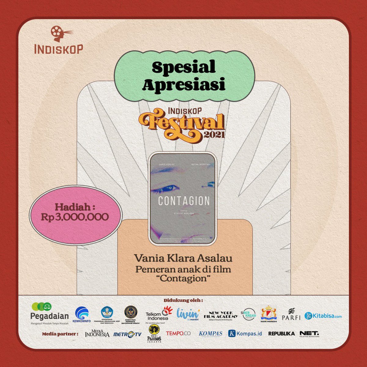 Indiskop_'s tweet photo. Selamat kepada seluruh pemenang Indiskop Festival 2021! Terima kasih sudah berkontribusi dan memberikan karya-karya yang luar biasa. Terus berkarya dan majukan perfilman Indonesia. https://t.co/zO6095642C