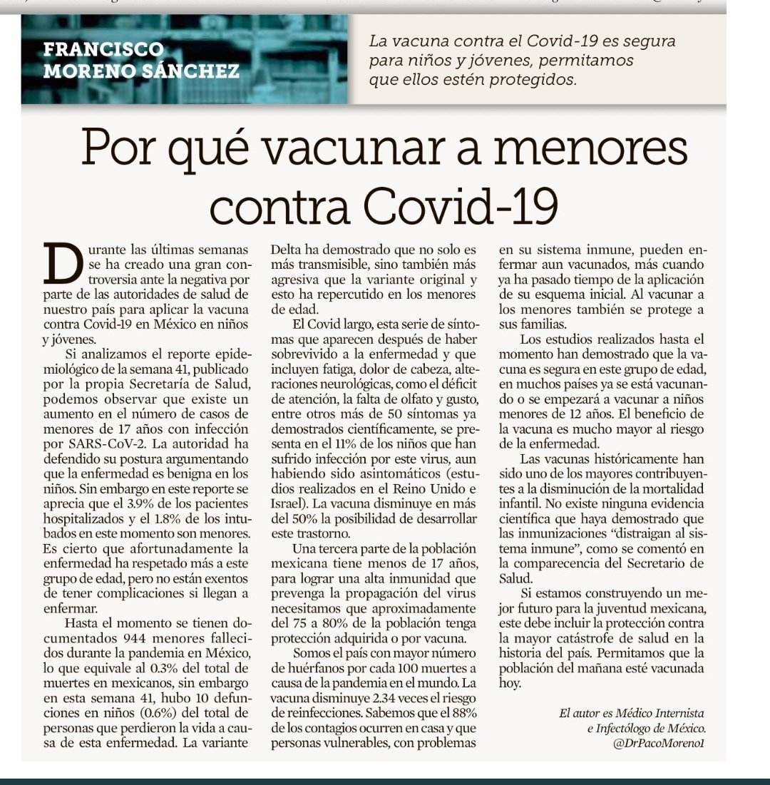 DrPacoMoreno1's tweet photo. Laa razones por las cuales debemos considerar vacunar contra #COVID19 a todos los menores de 18 años.
@Reforma https://t.co/ATiFRbwUC9