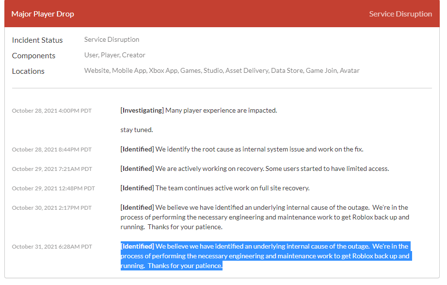 Roblox Status on X: We are investigating the issue. #RobloxDown