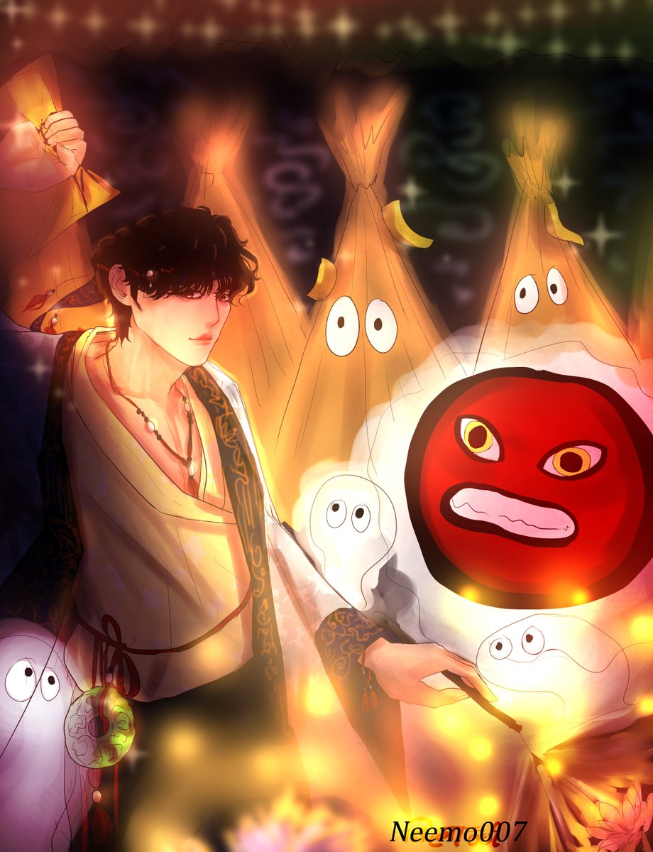 Neemo007fanart's tweet photo. Its #Halloween but #LIT inspired in a traditional theme ✨✨

"In the night when there's no moon the mystical light enlivens the non-living and the spirits are enchanted by the sorcerers' talisman..."

#WEUS_SPOOKYFEST  #ONEUSfanart  #RAVN  #LEEDO  @official_ONEUS https://t.co/nfoexAMkdI