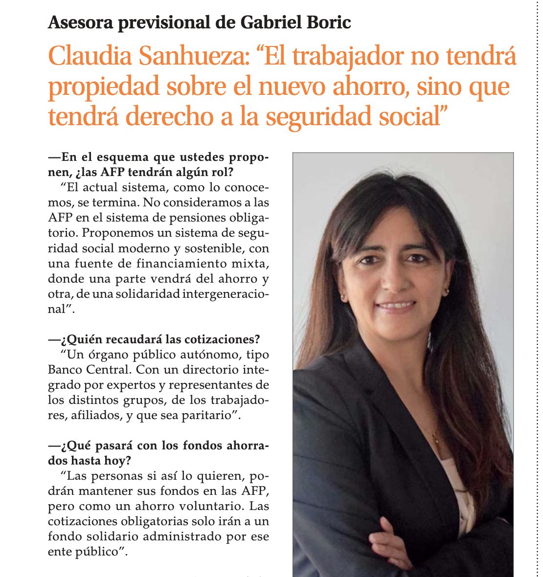 WenaChile's tweet photo. Asesora económica de #Boric, Claudia  Sanhueza:

"el trabajador no tendrá propiedad sobre el nuevo ahorro,  sino que tendrá derecho a la seguridad 
social" 

Topón pa dentro con tus cotizaciones y ahorros futuros que son fruto de tu trabajo
#BoricExpropia

https://t.co/ZOrULznCOY