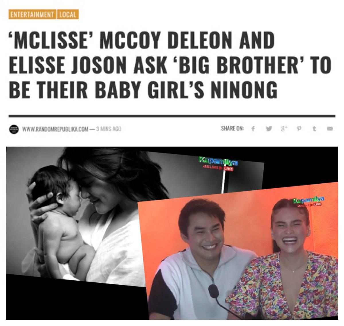 RandomRepublika's tweet photo. Aww, #McCoyDeLeon and #ElisseJoson revealed they are now parents to a baby girl and asked #PinoyBigBrother's "Kuya" to be their child's godparent (Ninong).❤️ FULL STORY on https://t.co/ESrpYGkpo8 📣 Random Republika is also on QUENTO app. https://t.co/YvMqoU2RcG