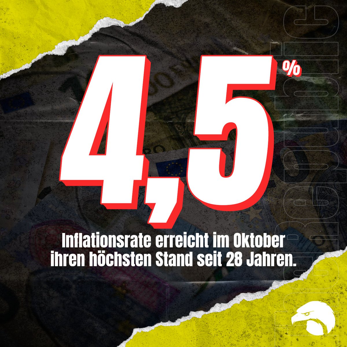 TheRepublicDe's tweet photo. Die Inflation in Deutschland ist im Oktober weiter gestiegen und hat den höchsten Stand seit 28 Jahren erreicht. Die Verbraucherpreise stiegen gegenüber dem Vorjahresmonat um 4,5 Prozent. Das Leben wird teurer – vor allem die Energiekosten galoppieren rasant in die Höhe. https://t.co/MXaGwGrPDk