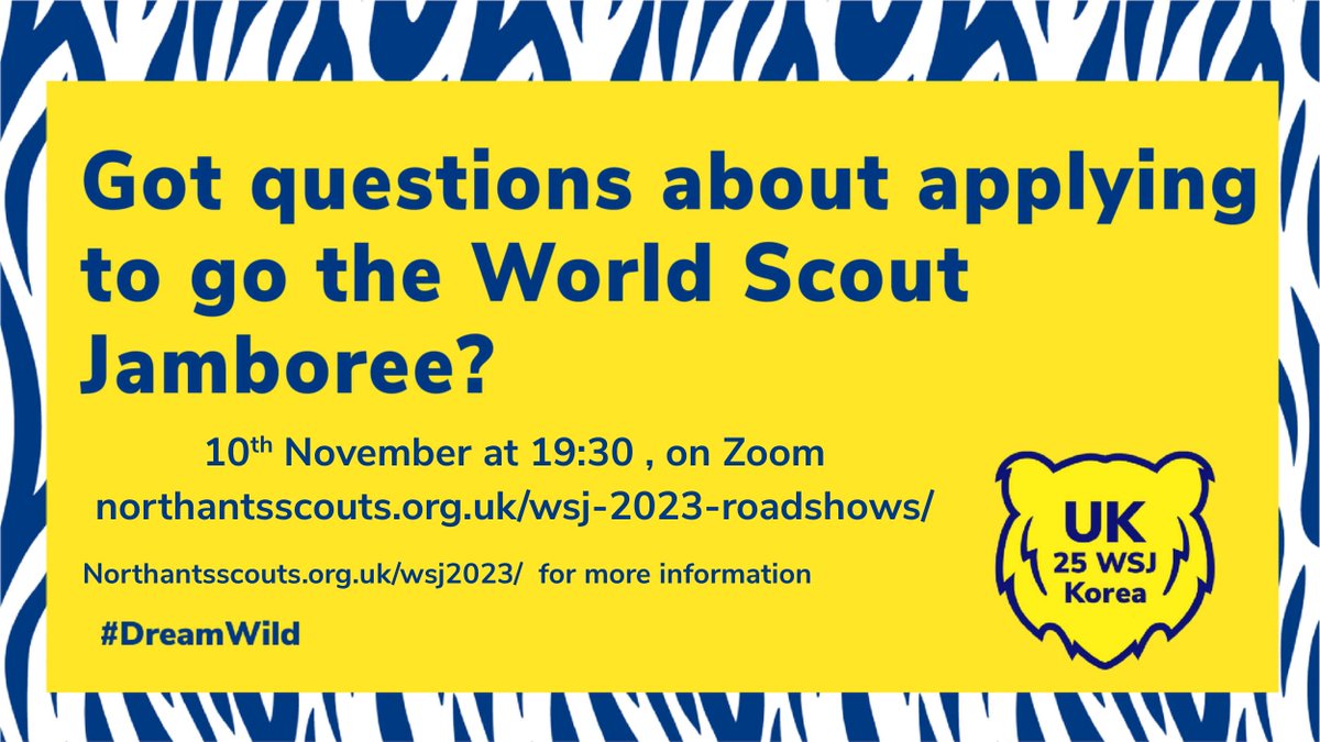 We’re looking for 36 young people to join the Northamptonshire unit going to the 25th World Scout Jamboree in Korea in the summer of 2023.
Roadshows to find out more on the 4th, 9th 10th November for more details visit county website
northantsscouts.org.uk/wsj-2023-roads…