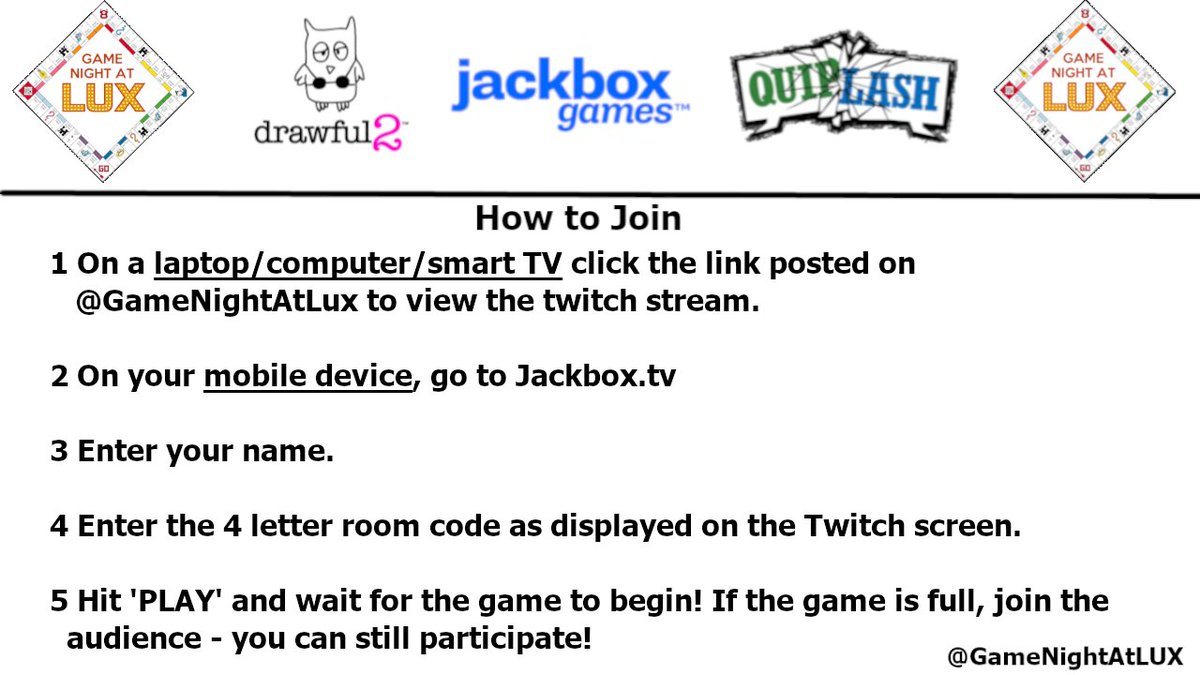 GameNightAtLUX's tweet photo. Join us RIGHT NOW at https://t.co/0LzgZYKATc for some halloween themed Lucifer Drawful! 

Need a reminder of how to join? Check out the instructions below. https://t.co/HCZGobrGUN