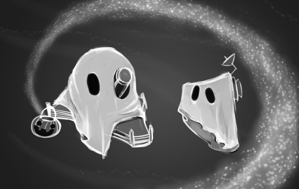 The Roman Space Telescope and The James Webb Space Telescoped dressed up at ghost carrying a trick or treating bucket 