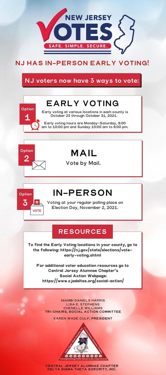 NJ- Take your Souls to the Polls today! @CJA_Deltas Social Action reminds you of 3 ways to vote. Early voting ends at 6pm today. Go vote in any participating location in your county. Let's exercise all of our options! <a href="/easternregdst/">EasternRegionDST</a> #Election2021 #dontbooVOTE