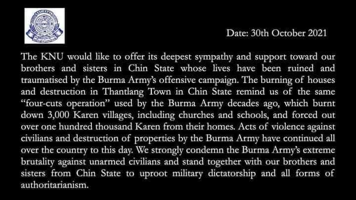 HaysoThako's tweet photo. KNU condemns the use of extreme violence by Burma Army in Chin State, Burma. https://t.co/9rygzZzPLI