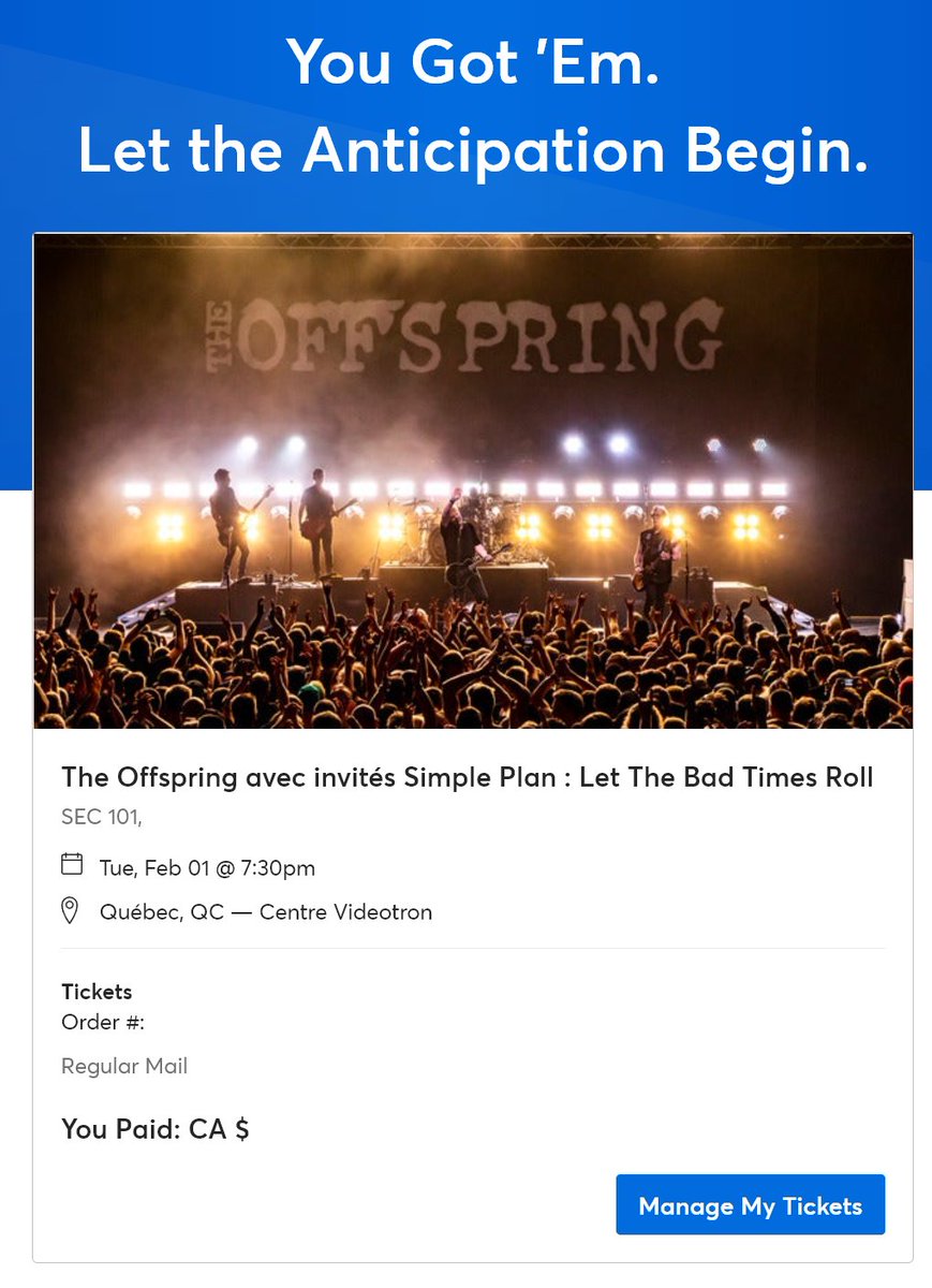 QcSome1's tweet photo. @offspring @simpleplan OH OUI!!!!! See you there!
. #TheOffspring !!!!!
. #SimplePlan
. #Section101 #NearTheStage #2Tickets #LookingForADate ;) #Quebec #CentreVideotron https://t.co/9WQFgLMVSX