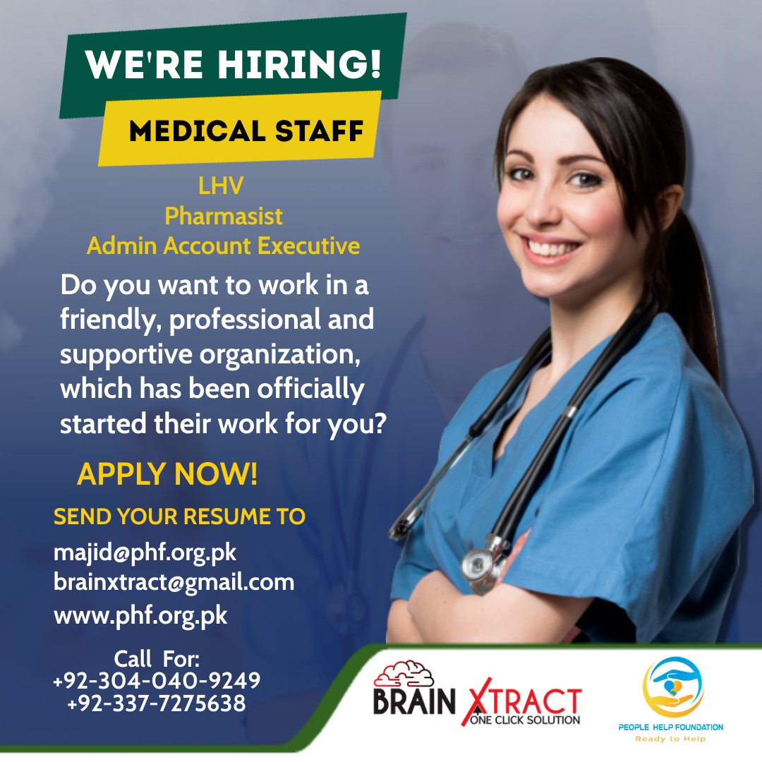 BrainXtract's tweet photo. People Help Foundation
Urgent Care Centre
Staff Hirring
https://t.co/04P61HYLaj
Majid@phf.org.pk https://t.co/4qGT1JK6uJ https://t.co/k9KzCIx9xN