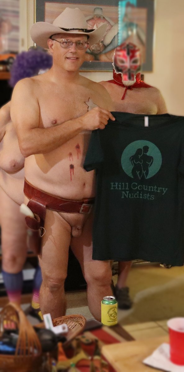 My costume for the Halloween Contest. Always a challenge for nudists. 
But when you have the hat and the holsters already, it does not take much else.
Happy Halloween!