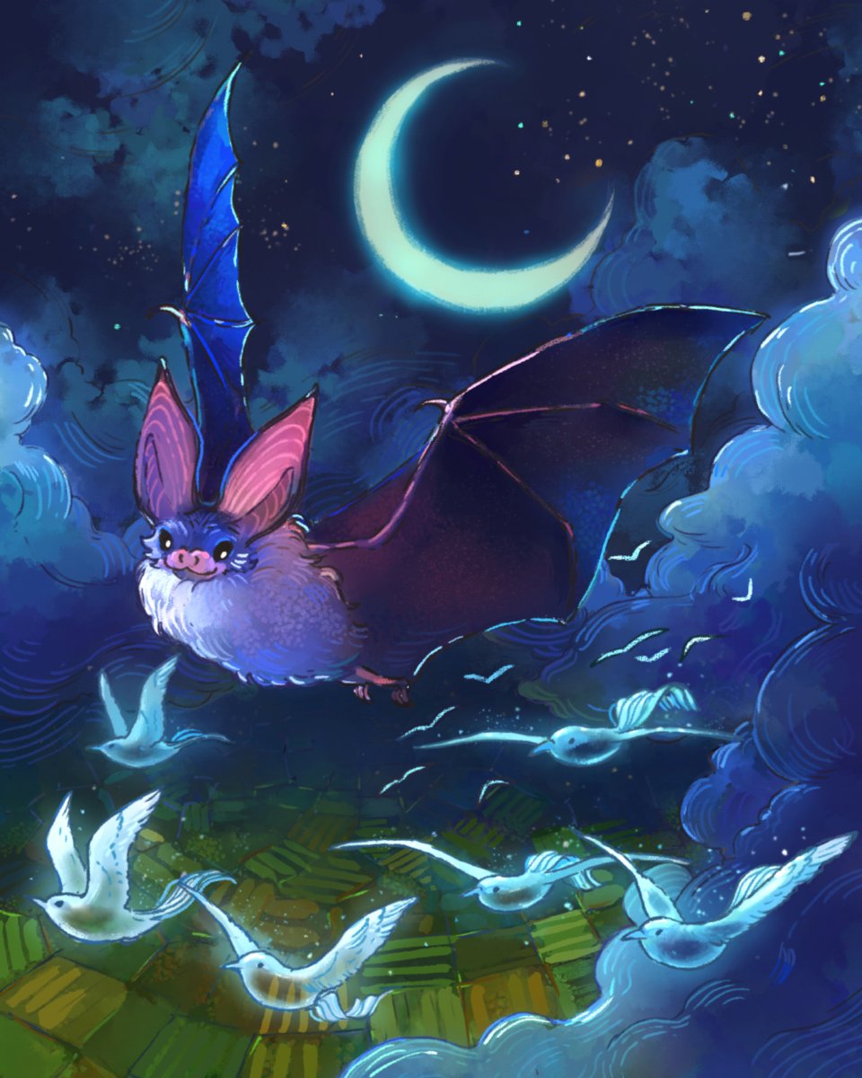 Bat illustration with ghost birds.