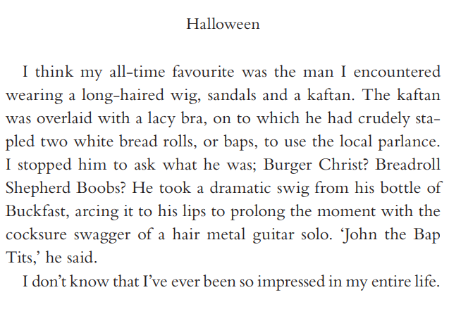 shockproofbeats's tweet image. In honour of Halloween, during which Derry hosts the largest Halloween festivities on earth, please enjoy this paragraph from my book, in which I pay tribute to the single greatest costume I've ever seen. 

(And if you want to read more, hit mammybook.com)