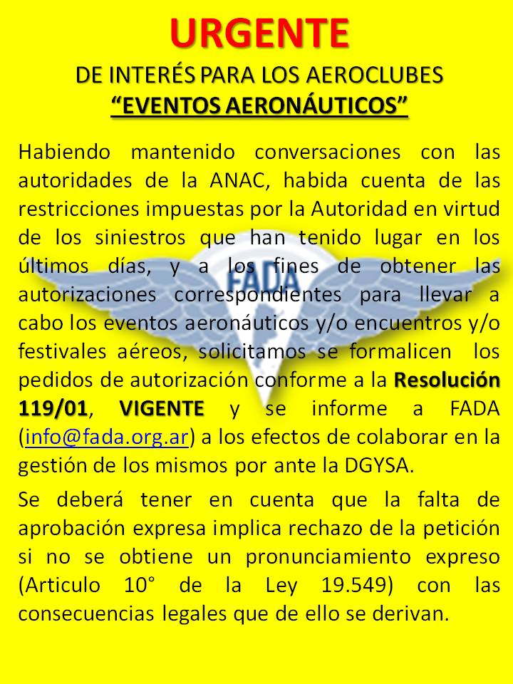 <a href="/fada_org/">F.A.D.A</a> INFORMA. <a href="/ANACargentina/">ANAC</a> <a href="/InfoJst/">infoJST</a> @JSTsucesos <a href="/unionaeronautic/">info@uaar.com.ar</a> <a href="/EANAoficial/">EANA</a> <a href="/conavok/">CONAV</a> <a href="/AeroclubSanta/">Aeroclub Santa Teresita</a> <a href="/AeroclubArgent1/">@AeroclubArgentino</a> <a href="/infobae/">infobae</a>
