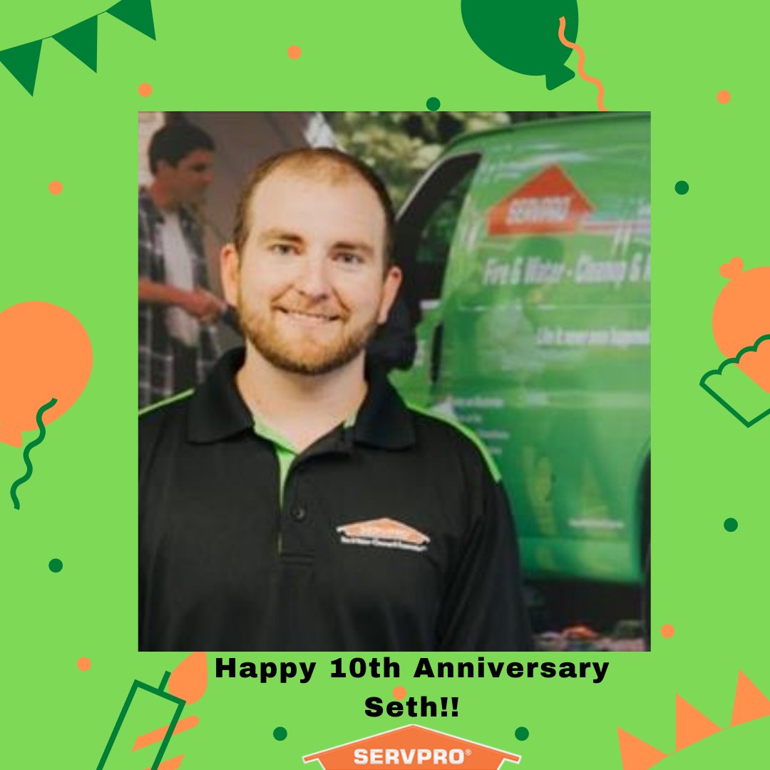 🎊🎊 Seth celebrates his SERVPRO anniversary today! He has been with us for 10 years! 🙌🙌. Seth is our Project Manager ! Thank you for your hard work &amp; dedication! 🎊🎊
