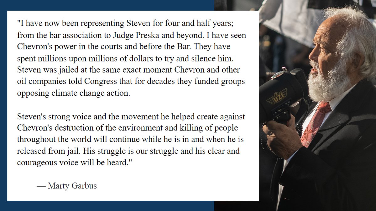 SDonziger's tweet photo. Legendary lawyer Martin Garbus, who represented Nelson Mandela, Cesar Chavez, and Daniel Ellsberg, released a powerful statement on Steven's incarceration.

"His struggle is our struggle and his clear and courageous voice will be heard."

- #FreeDonziger Team. https://t.co/MIkUsUC0ec