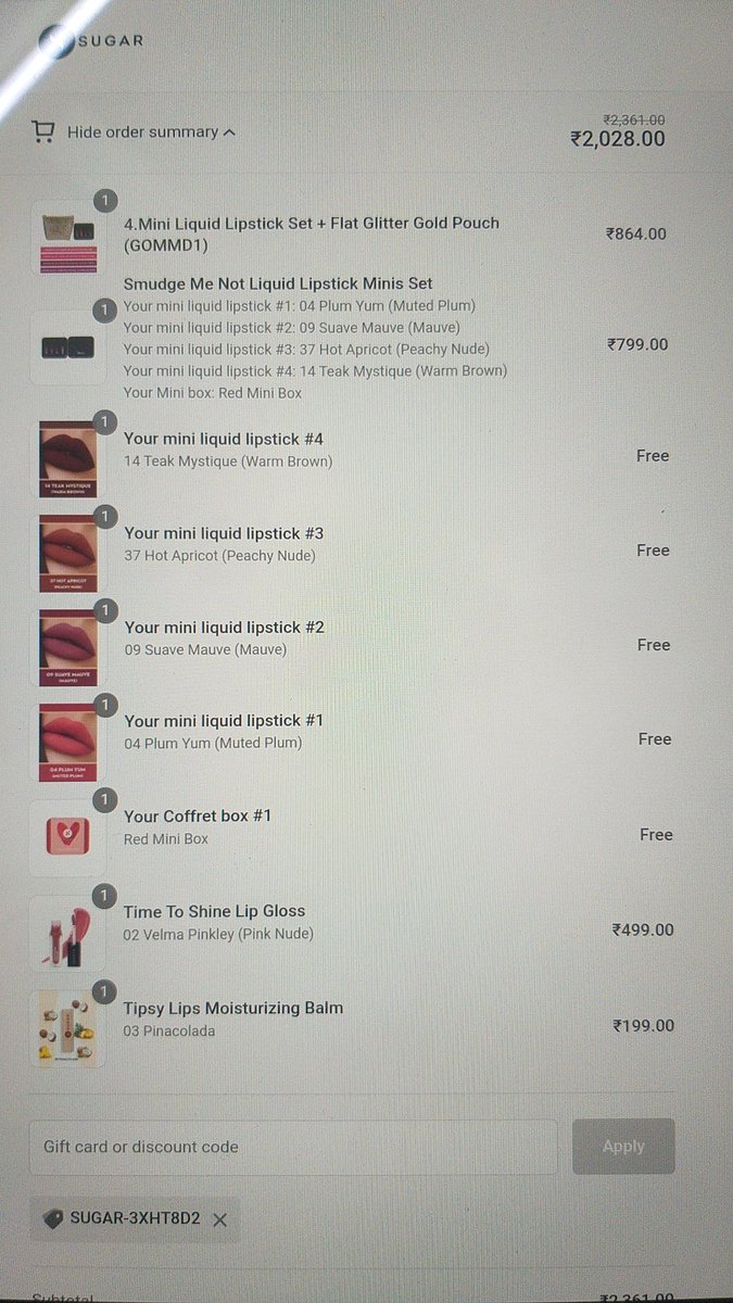 StrikeBitAehqm's tweet photo. @trySUGAR I was in the process of buying some cosmetics from your site. What I see at the checkout does not make any sense to me. Can you tell me why there is difference in price? https://t.co/4MFOR4oMl4