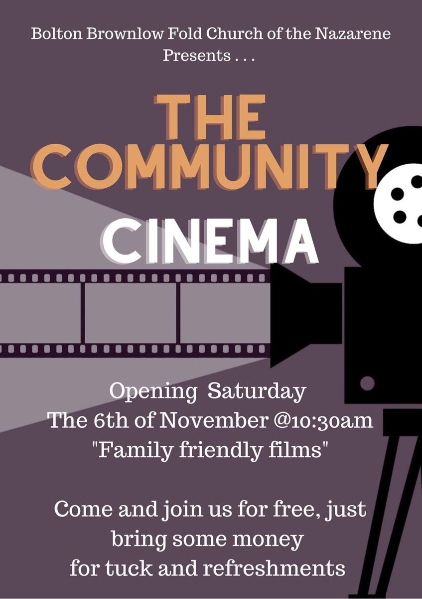 bolton_of's tweet photo. Come and join us on Saturday 6th November for The Community Cinema starting at 10:30am at Bolton Brownlow Fold Church of the Nazarene! 

Entry is FREE! Remember to bring some money however for refreshments. 

Book tickets via Eventbrite or email boltonbrownlowfoldcotn@gmail.com https://t.co/qD2IS91udr