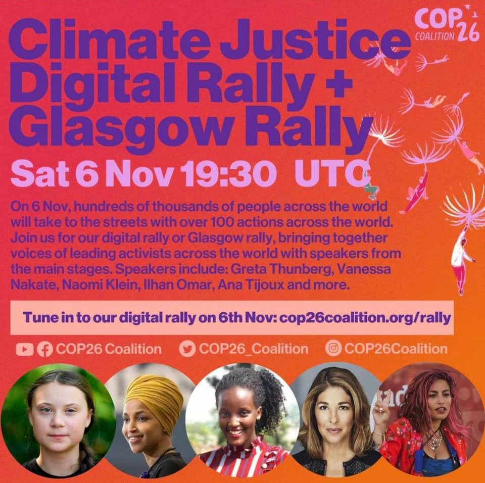 Join the @COP26_Coalition for a digital global rally TODAY, bringing together voices of activists across the world, campaigning for #climatejustice🌱

🚩Tune in on Facebook, Instagram or at cop26coalition.org/rally at 19:30 UTC.

#COP26 #cop26coalition #COP26Glasgow