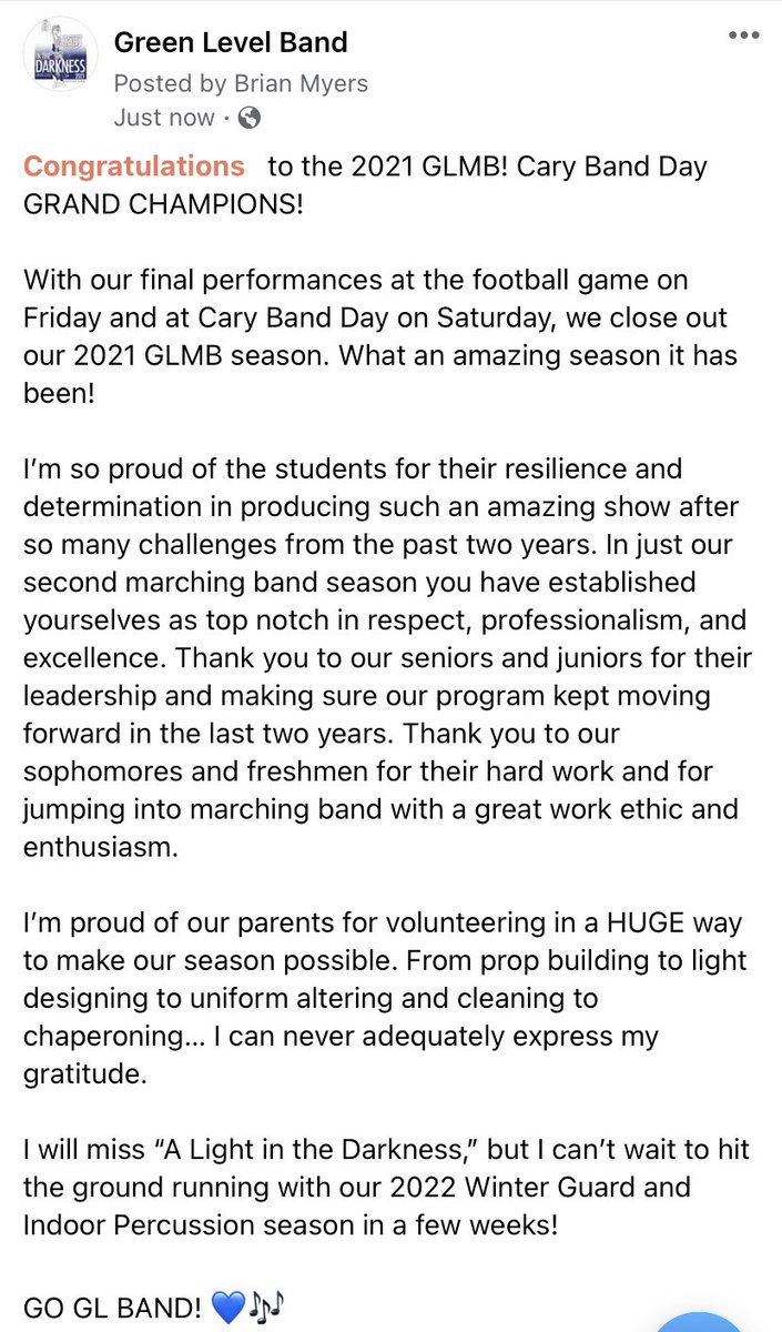 GreenLevelBand's tweet photo. Congratulations to the 2021 GLMB! Cary Band Day Grand Champions! Congrats on a fantastic season! 💙🎶 https://t.co/fZrtPcZ4ft