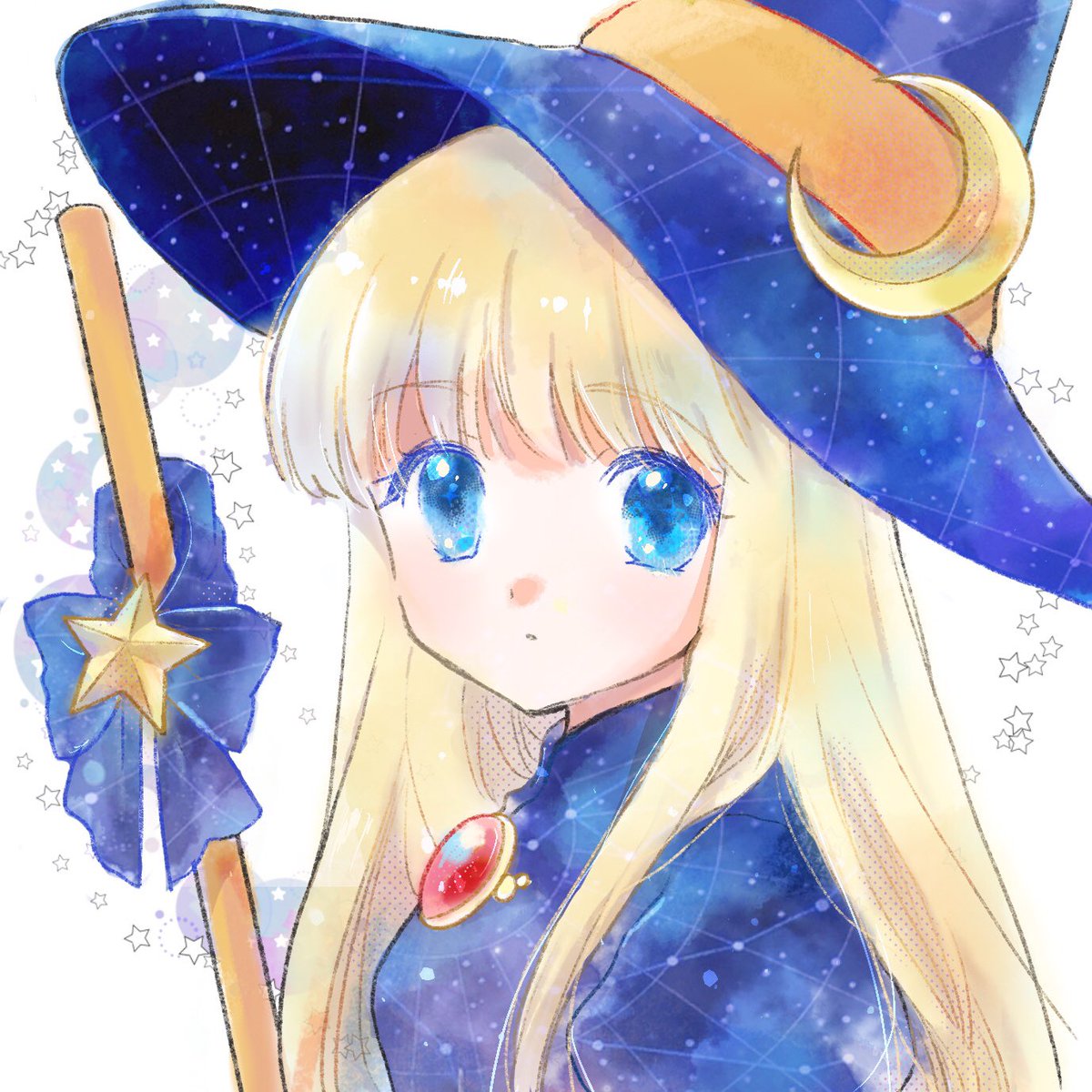 1girl solo hat blue eyes long hair blonde hair witch hat  illustration images